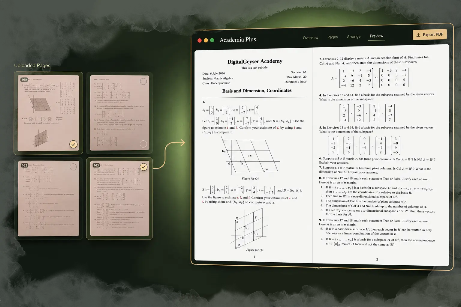 Academia Plus assembling selected textbook pages into a branded question paper, with matrices and figures laid out in a live preview, ready to export as PDF.