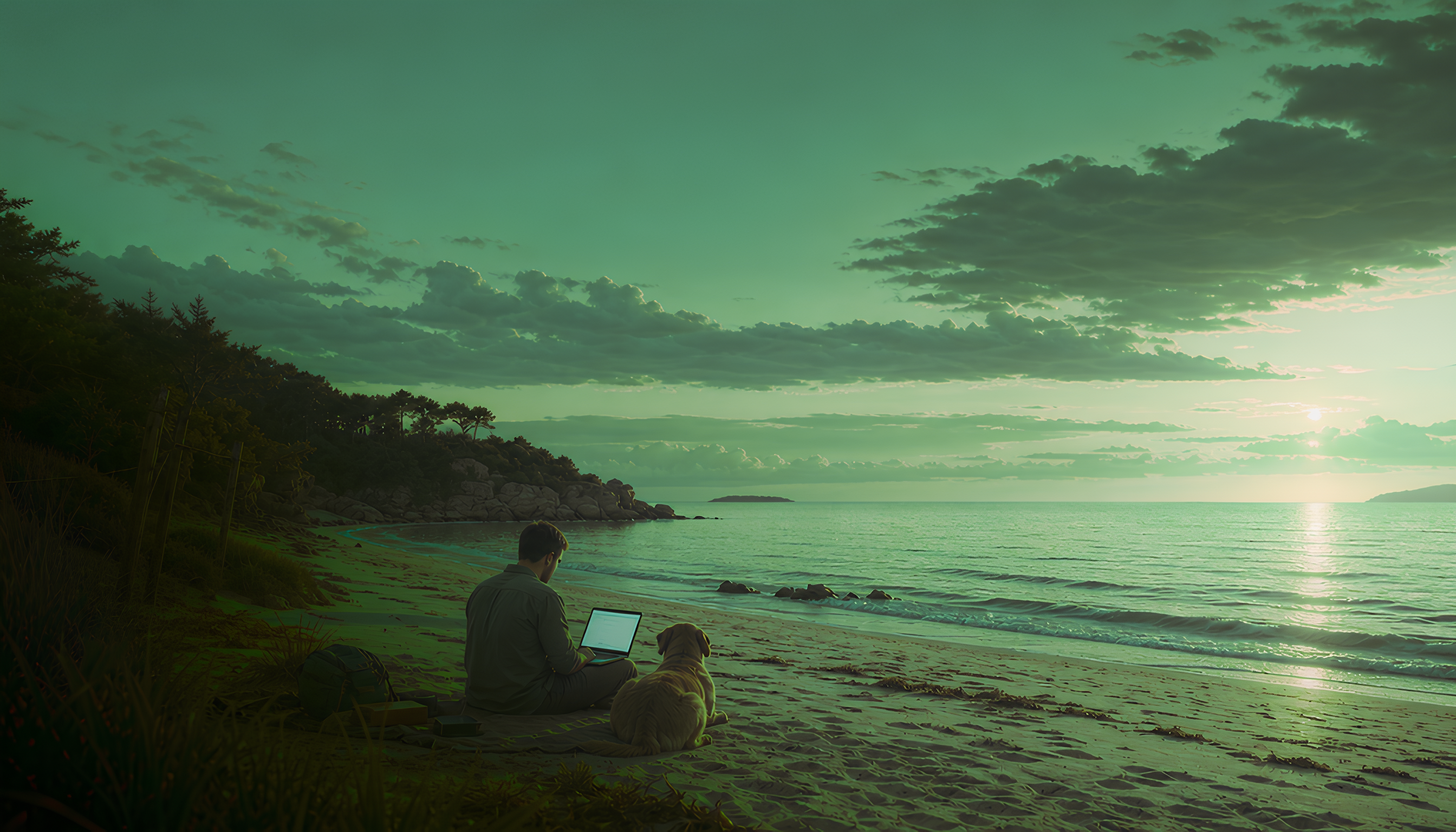 A person working calmly on a laptop beside their dog on a quiet green shoreline at dusk.